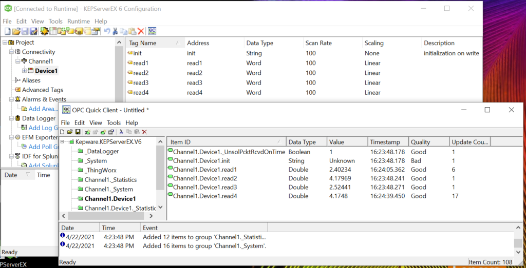 Once an input is available in KEPServerEx, and communicating, it is available to be added to a linking application such as Excel. 